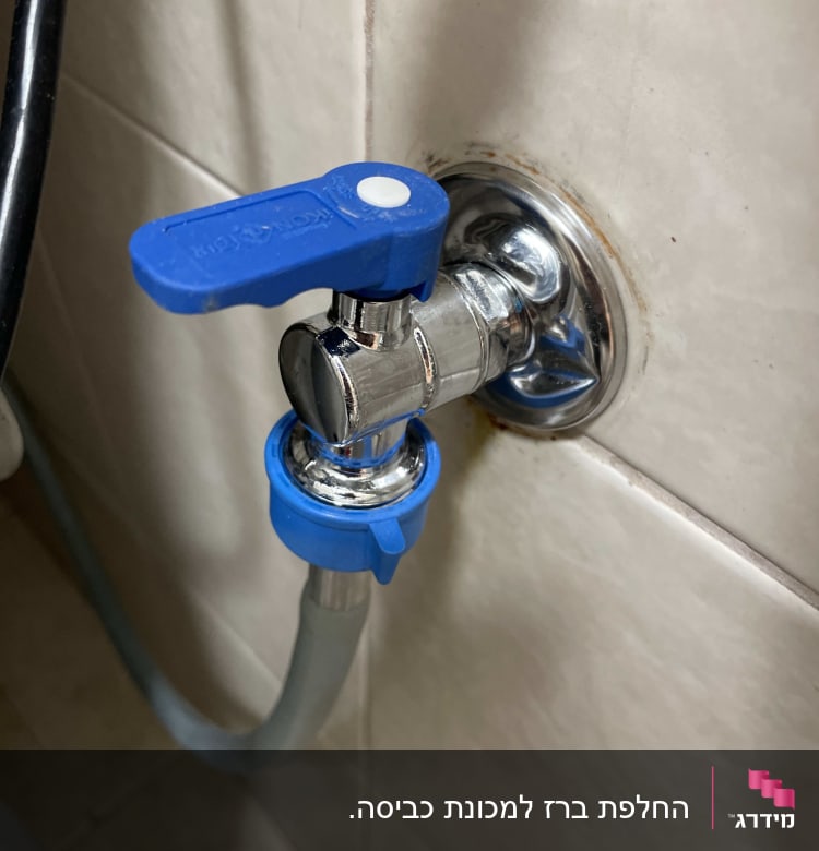 ברז מים עם ידית כחולה וצינור מחובר